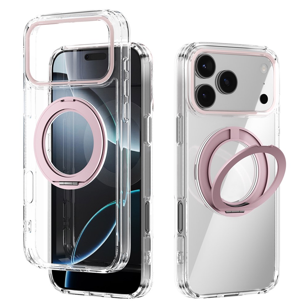 ABEEL Q-LUCK For iPhone 17 Pro Max Magnetic Case Rotating Kickstand Shockproof TPU + PC Phone Back Cover - Pink