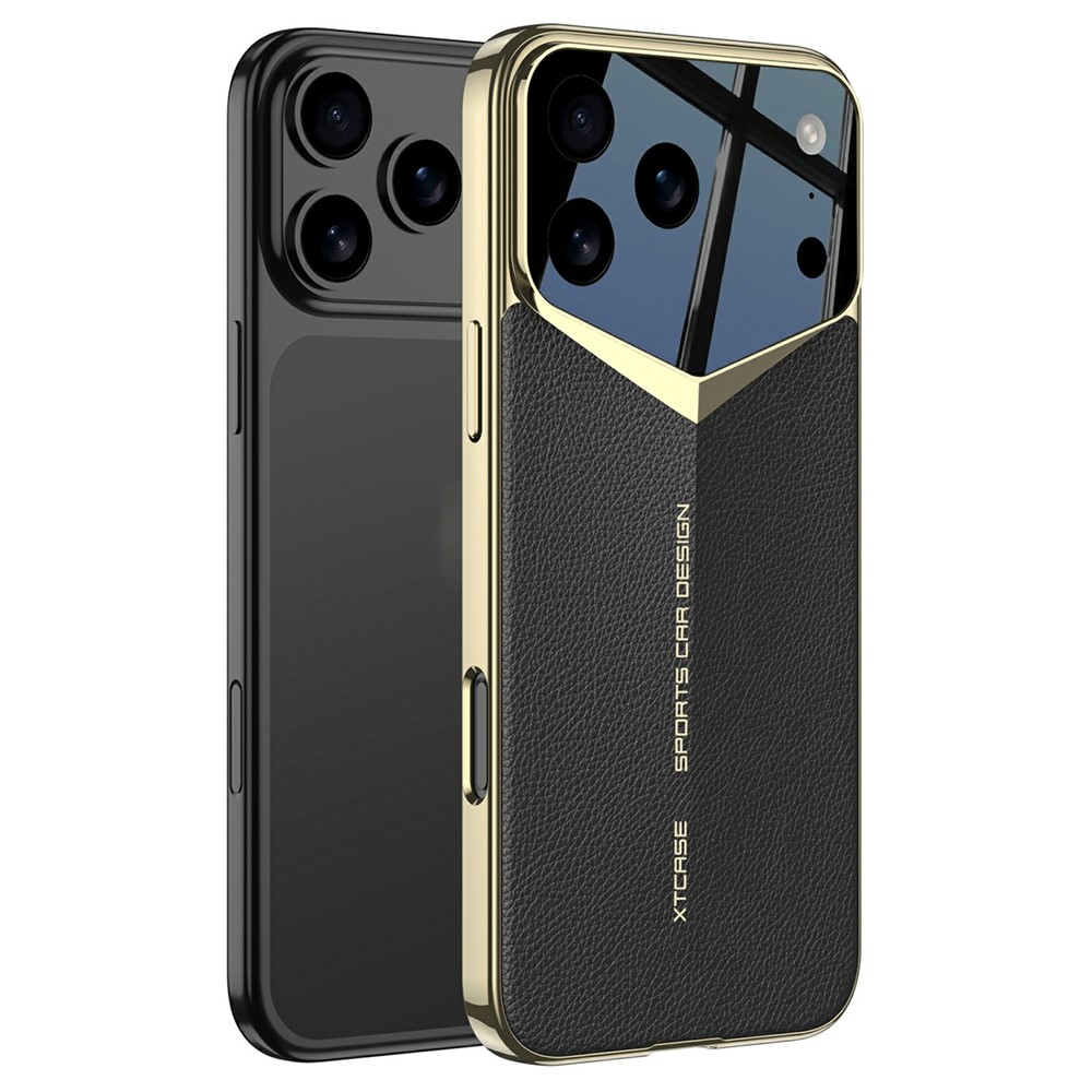 GKK For iPhone 17 Pro Max Case Matte Leather Coated PC Phone Cover with Electroplated Golden Edge - Black