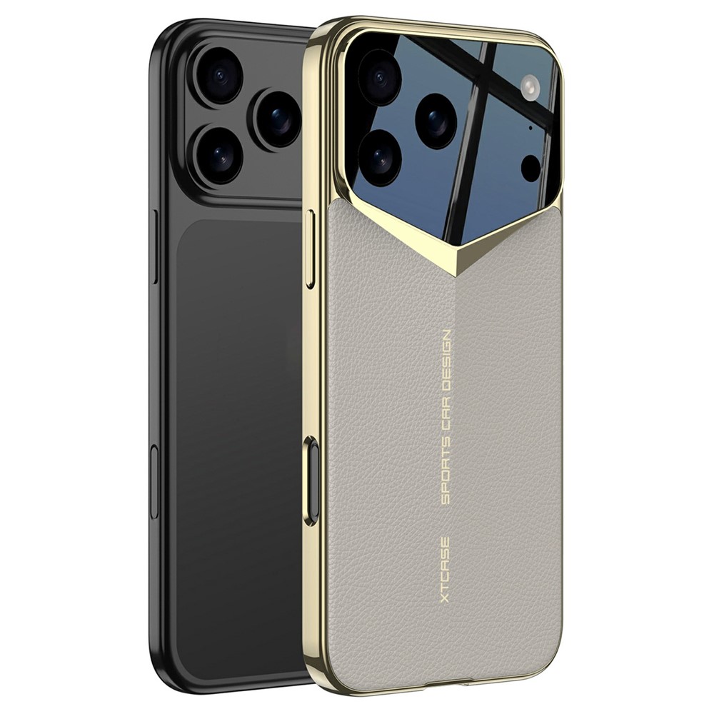 GKK For iPhone 17 Pro Max Case Matte Leather Coated PC Phone Cover with Electroplated Golden Edge - Grey