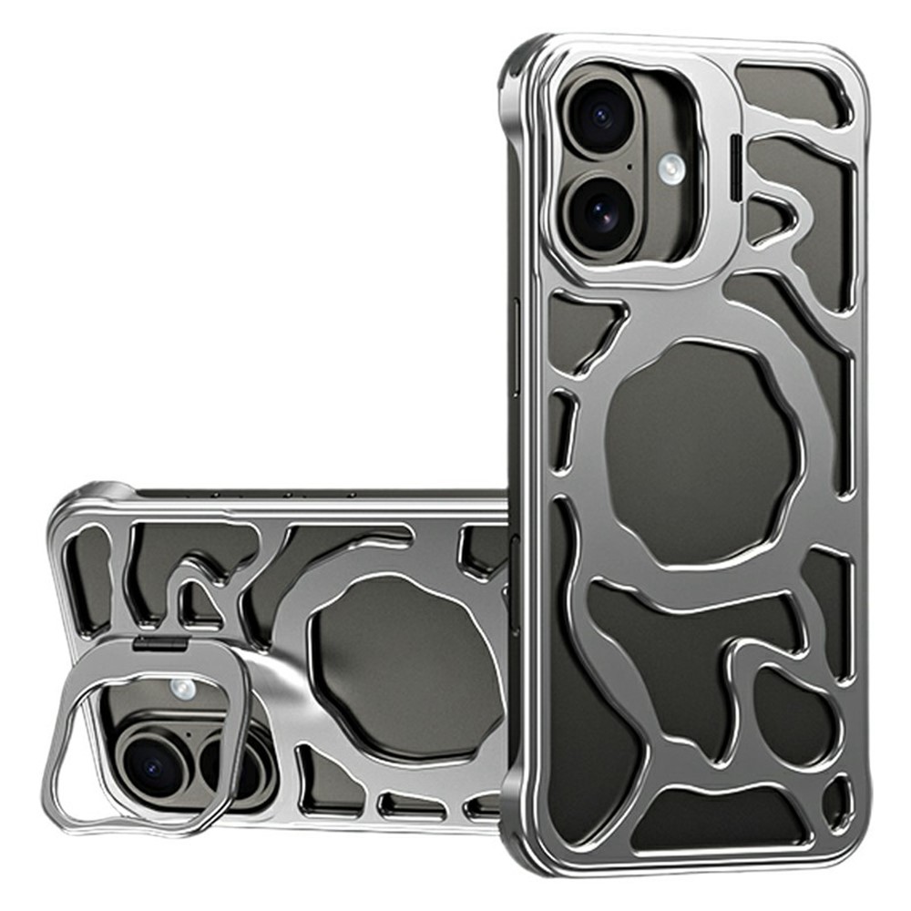 Auspicious Cloud Series For iPhone 17 Hollow Case Aluminum Alloy Kickstand Magnetic Phone Cover - Silver