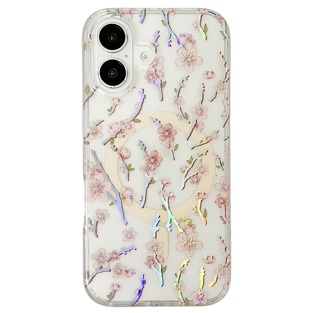 For iPhone 17 Magnetic Case Rhinestone Laser Floral PC + TPU Phone Cover Compatible with MagSafe - Style 4