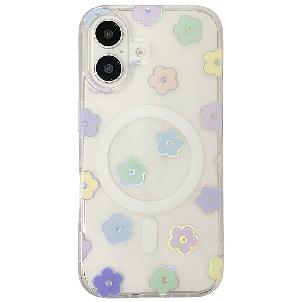 For iPhone 16 Magnetic Case Rhinestone Laser Floral PC + TPU Phone Cover Compatible with MagSafe - Style 1
