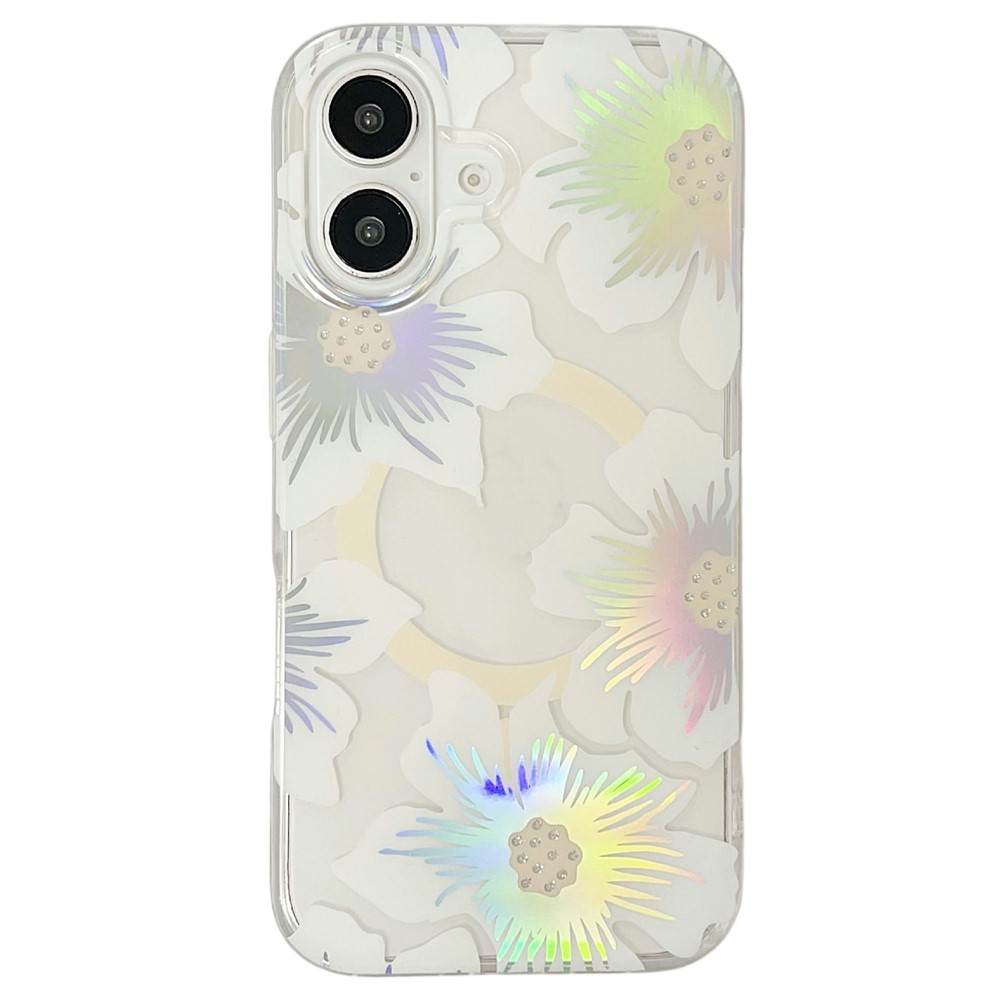 For iPhone 16 Magnetic Case Rhinestone Laser Floral PC + TPU Phone Cover Compatible with MagSafe - Style 2