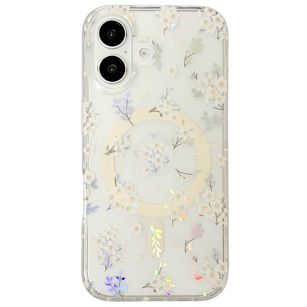 For iPhone 16 Magnetic Case Rhinestone Laser Floral PC + TPU Phone Cover Compatible with MagSafe - Style 3