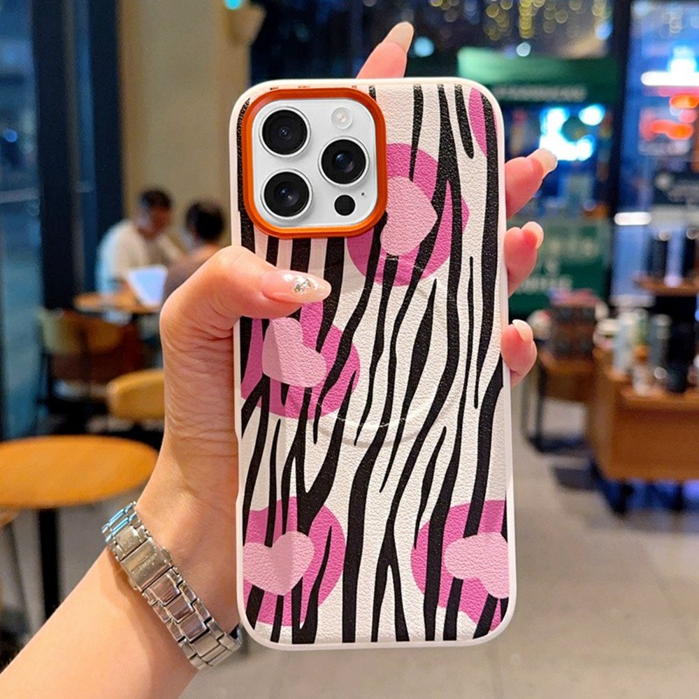 For iPhone 16 Pro Case Compatible with MagSafe Heart Zebra Pattern Leather Coated PC Phone Cover