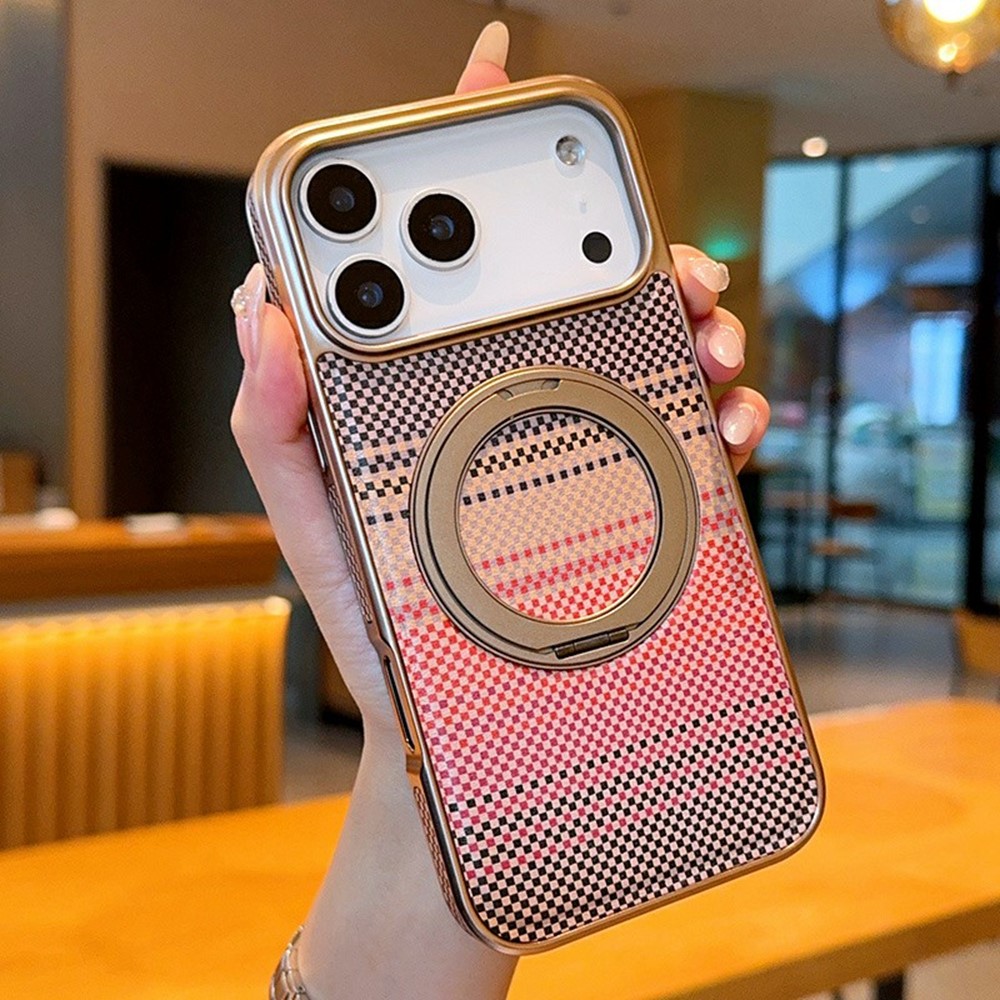 For iPhone 17 Pro Max Magnetic Case Kickstand Electroplated PC + PU Leather Phone Back Cover - Brown