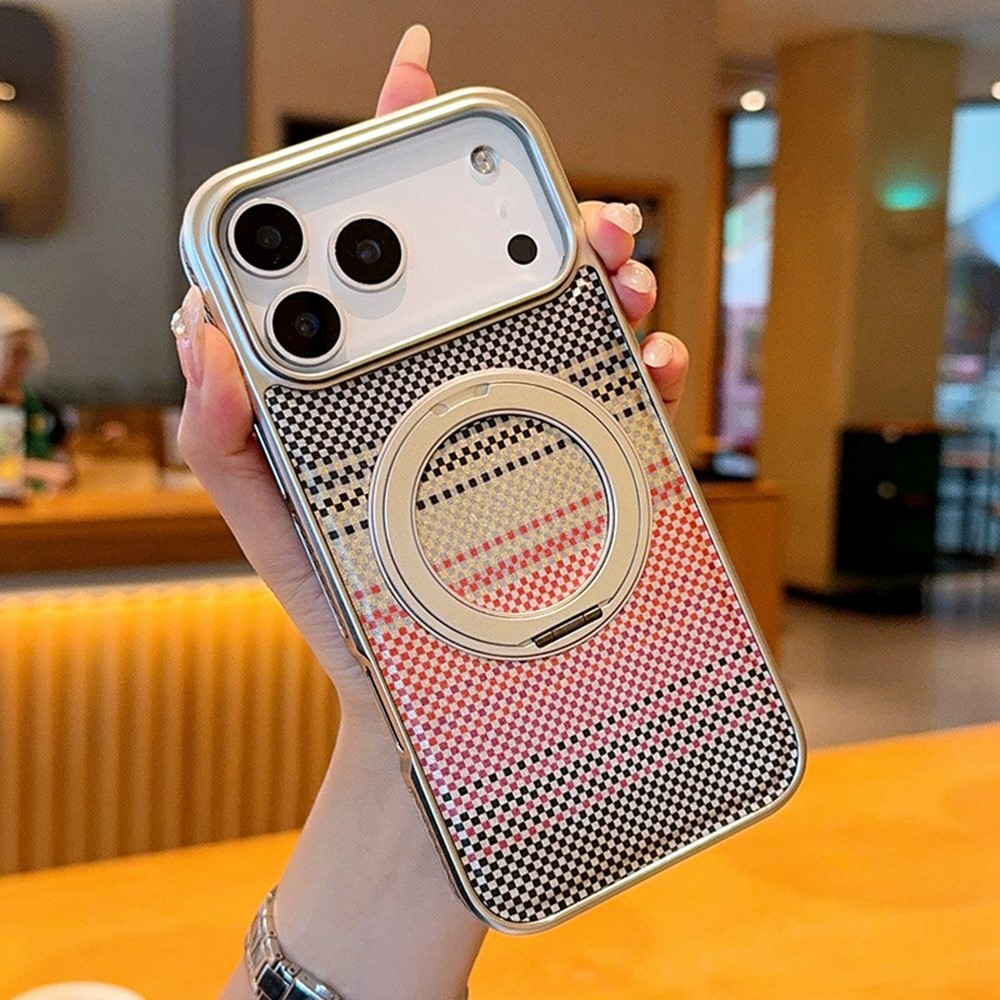 For iPhone 17 Pro Magnetic Case Kickstand Electroplated PC + PU Leather Phone Back Cover - Silver