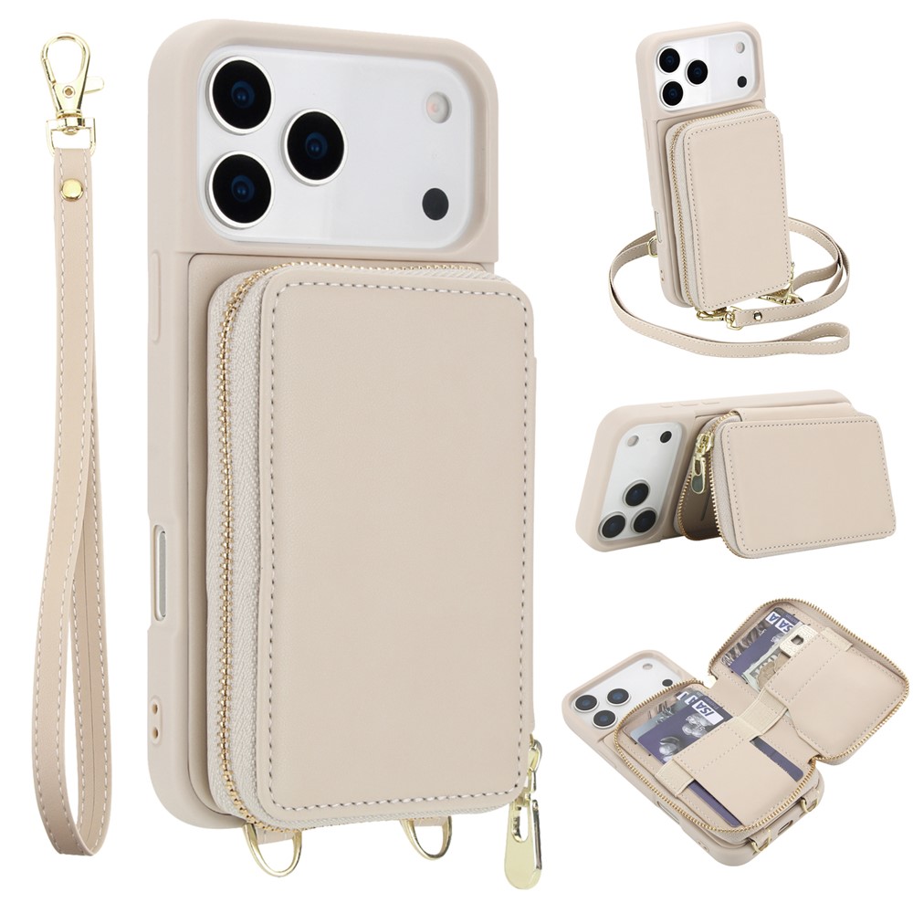 For iPhone 17 Pro Max Case RFID Blocking Zipper Wallet Leather + TPU Phone Cover with Shoulder Strap - Apricot