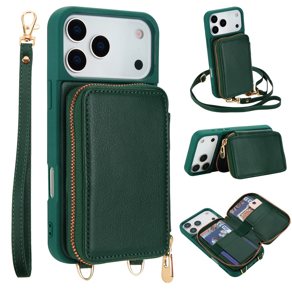 For iPhone 17 Pro Max Case RFID Blocking Zipper Wallet Leather + TPU Phone Cover with Shoulder Strap - Green
