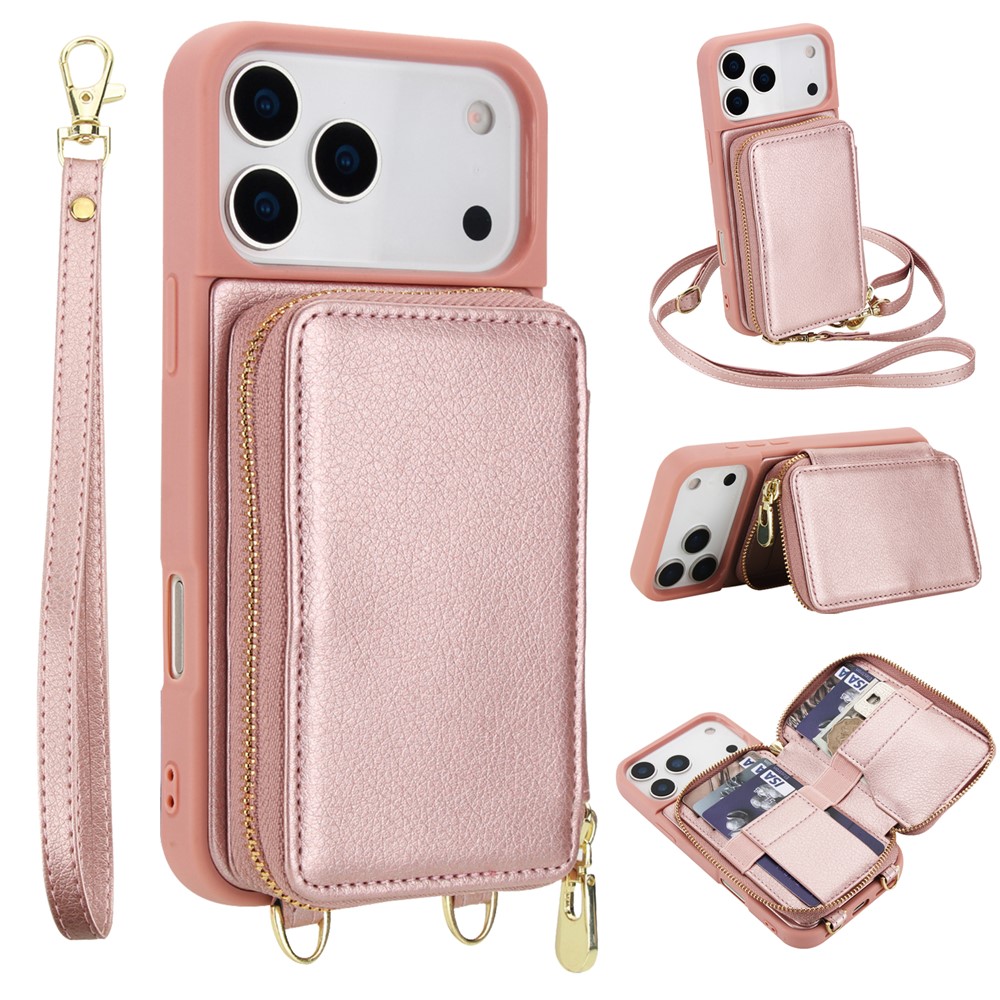 For iPhone 17 Pro Max Case RFID Blocking Zipper Wallet Leather + TPU Phone Cover with Shoulder Strap - Rose Gold