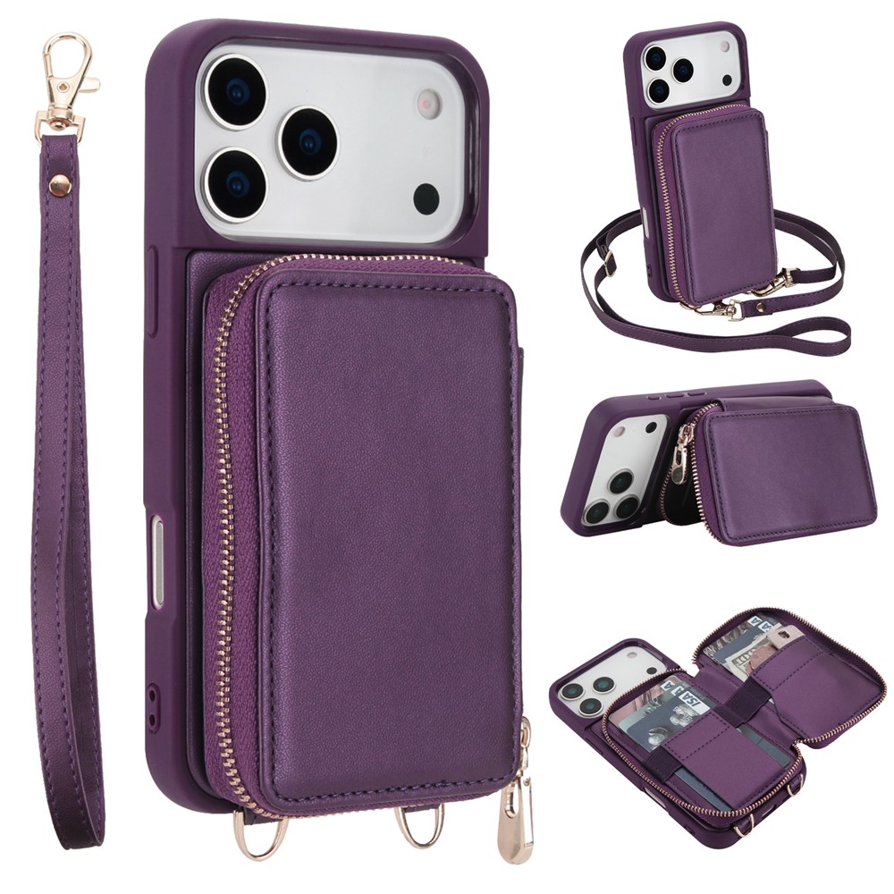 For iPhone 17 Pro Max Case RFID Blocking Zipper Wallet Leather + TPU Phone Cover with Shoulder Strap - Dark Purple