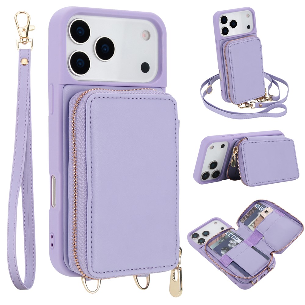 For iPhone 17 Pro Max Case RFID Blocking Zipper Wallet Leather + TPU Phone Cover with Shoulder Strap - Light Purple