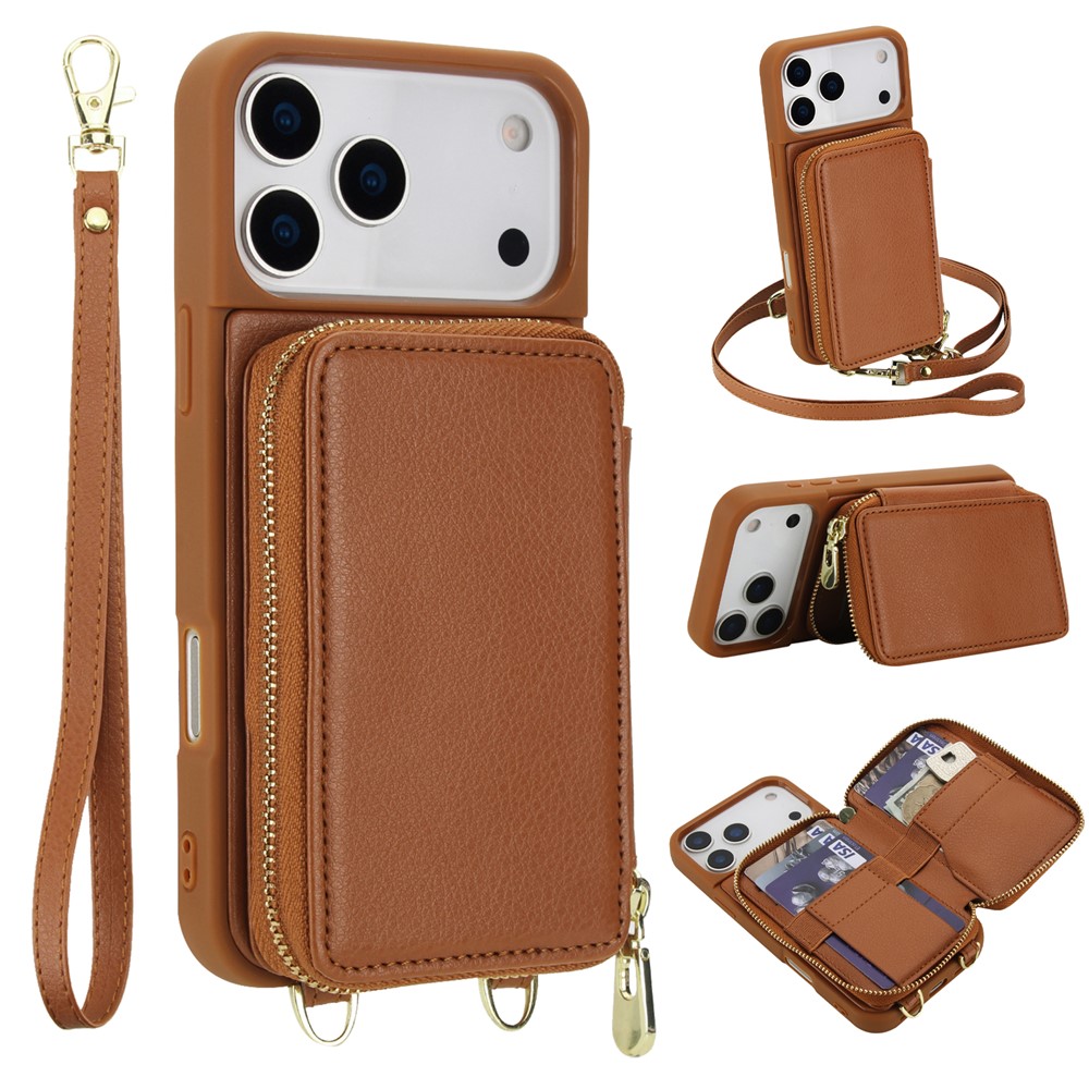 For iPhone 17 Pro Max Case RFID Blocking Zipper Wallet Leather + TPU Phone Cover with Shoulder Strap - Brown