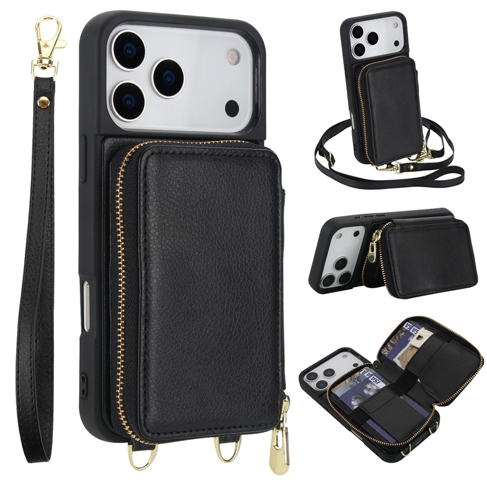 For iPhone 17 Pro Case RFID Blocking Zipper Wallet Leather + TPU Phone Cover with Shoulder Strap - Black