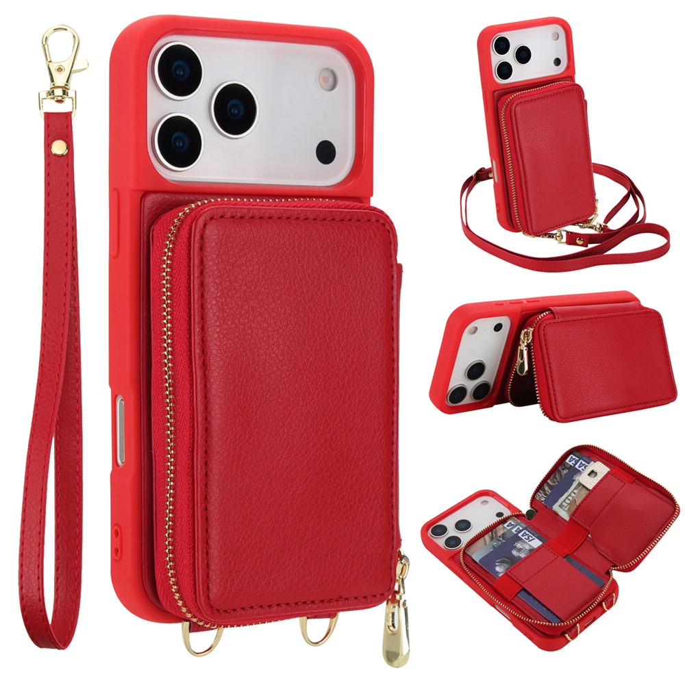 For iPhone 17 Pro Case RFID Blocking Zipper Wallet Leather + TPU Phone Cover with Shoulder Strap - Red