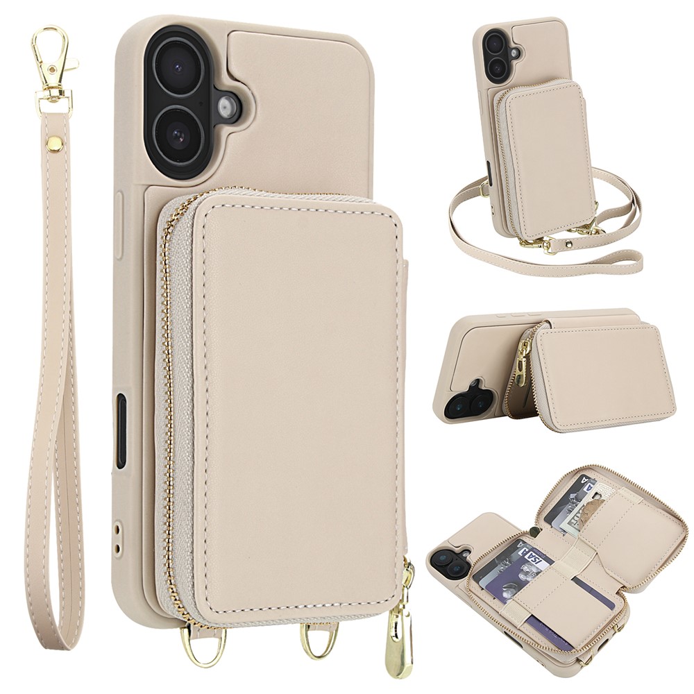 For iPhone 17 Case RFID Blocking Zipper Wallet Leather + TPU Phone Cover with Shoulder Strap - Apricot