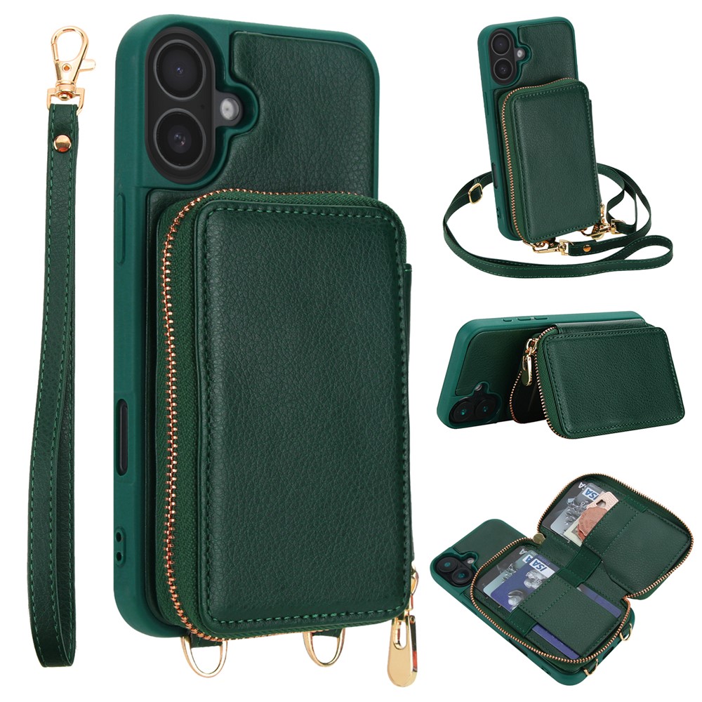 For iPhone 17 Case RFID Blocking Zipper Wallet Leather + TPU Phone Cover with Shoulder Strap - Green