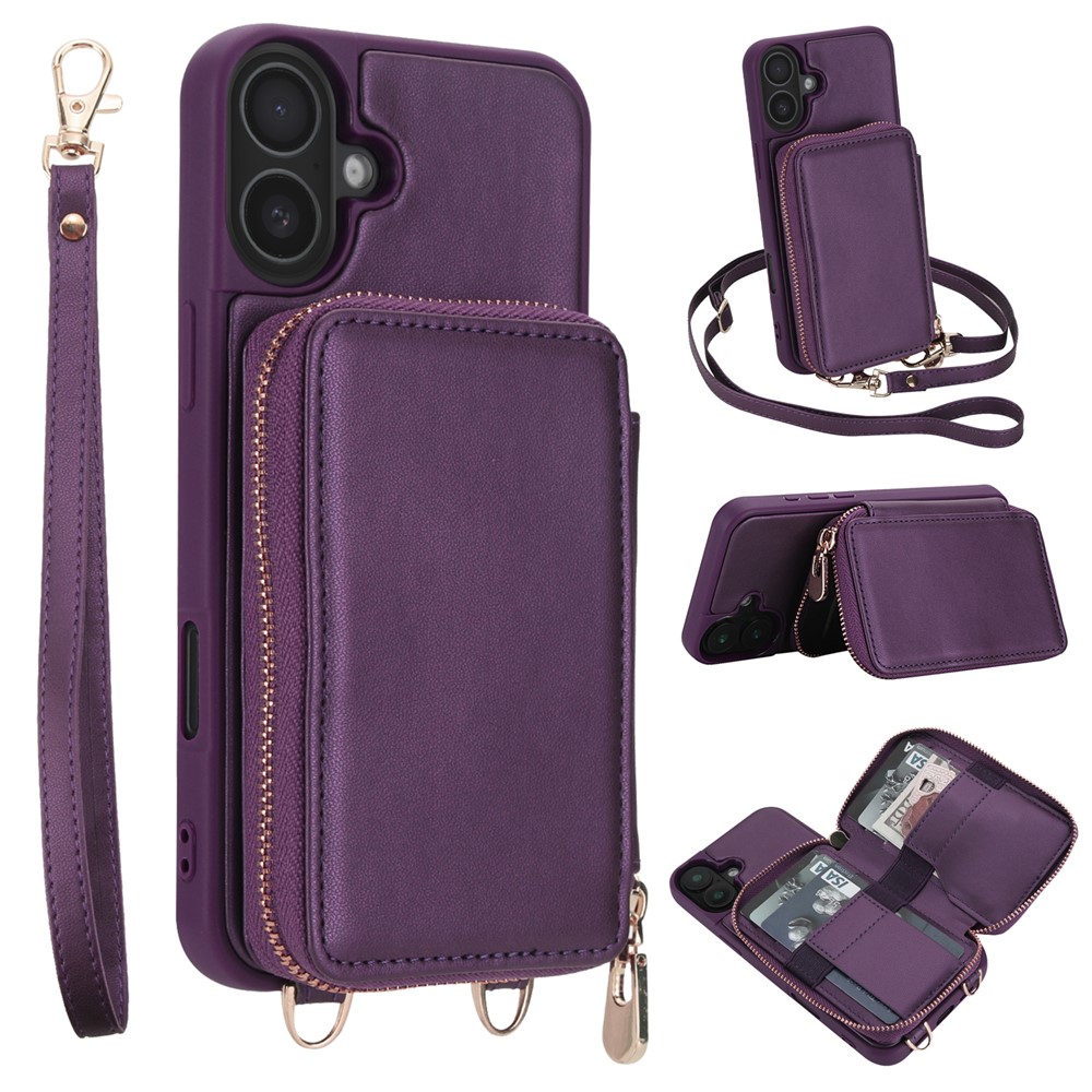 For iPhone 17 Case RFID Blocking Zipper Wallet Leather + TPU Phone Cover with Shoulder Strap - Dark Purple