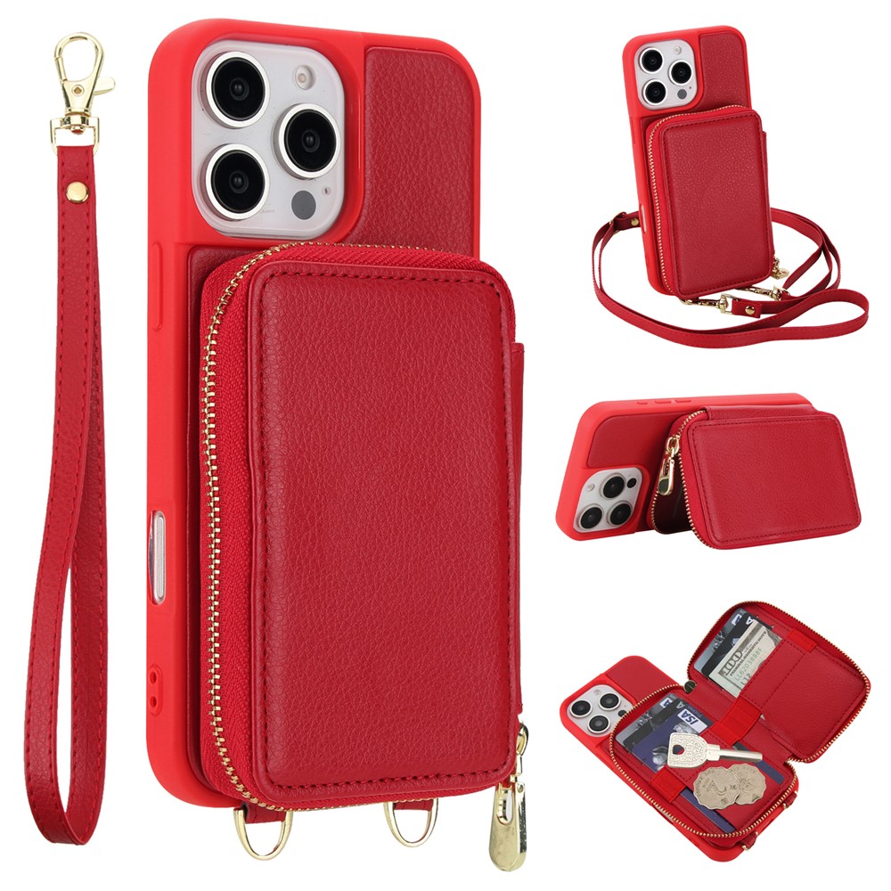 For iPhone 16 Pro Max Case RFID Blocking Zipper Wallet Leather + TPU Phone Cover with Shoulder Strap - Red