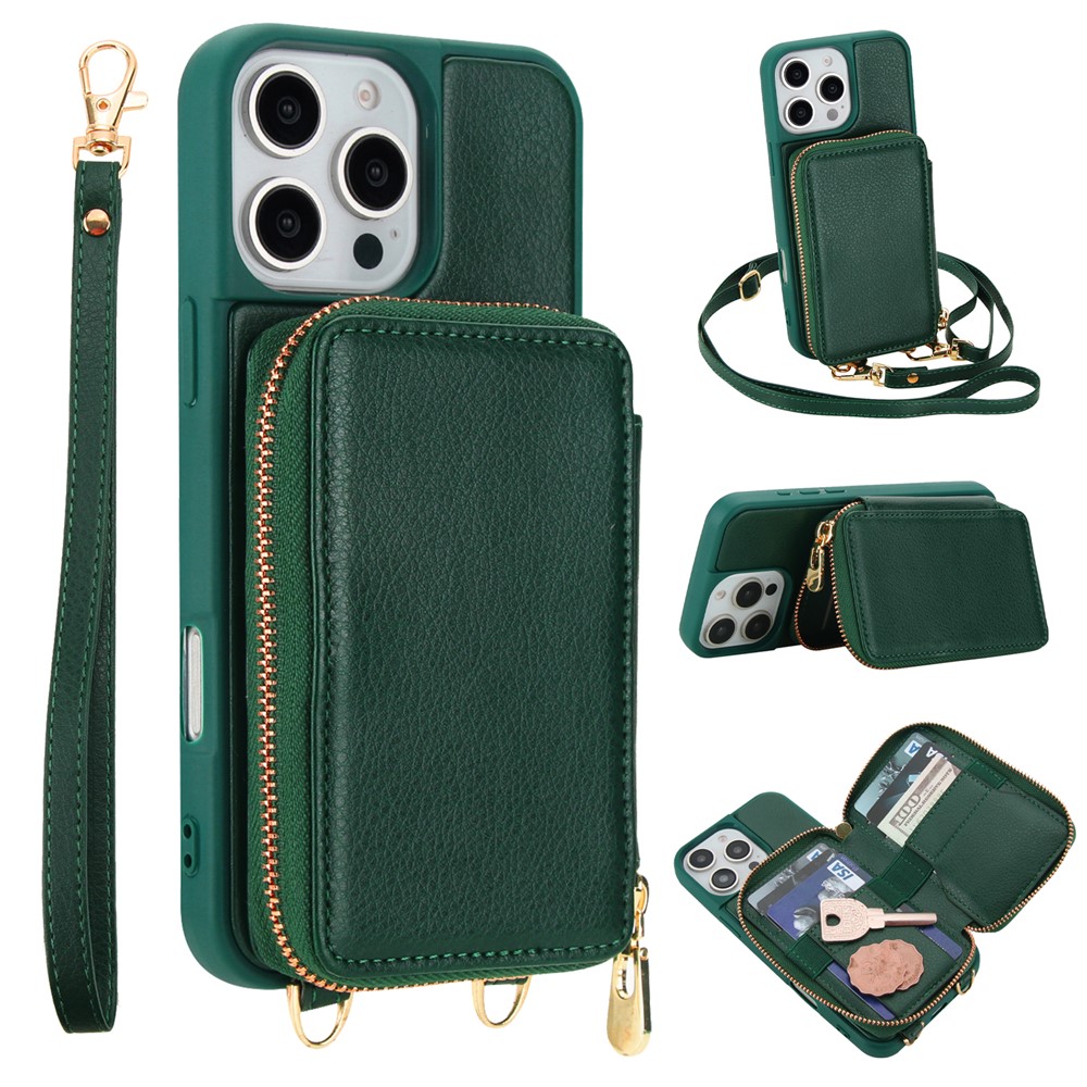 For iPhone 16 Pro Max Case RFID Blocking Zipper Wallet Leather + TPU Phone Cover with Shoulder Strap - Green