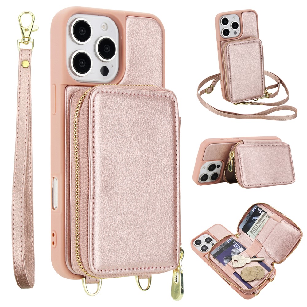 For iPhone 16 Pro Max Case RFID Blocking Zipper Wallet Leather + TPU Phone Cover with Shoulder Strap - Rose Gold