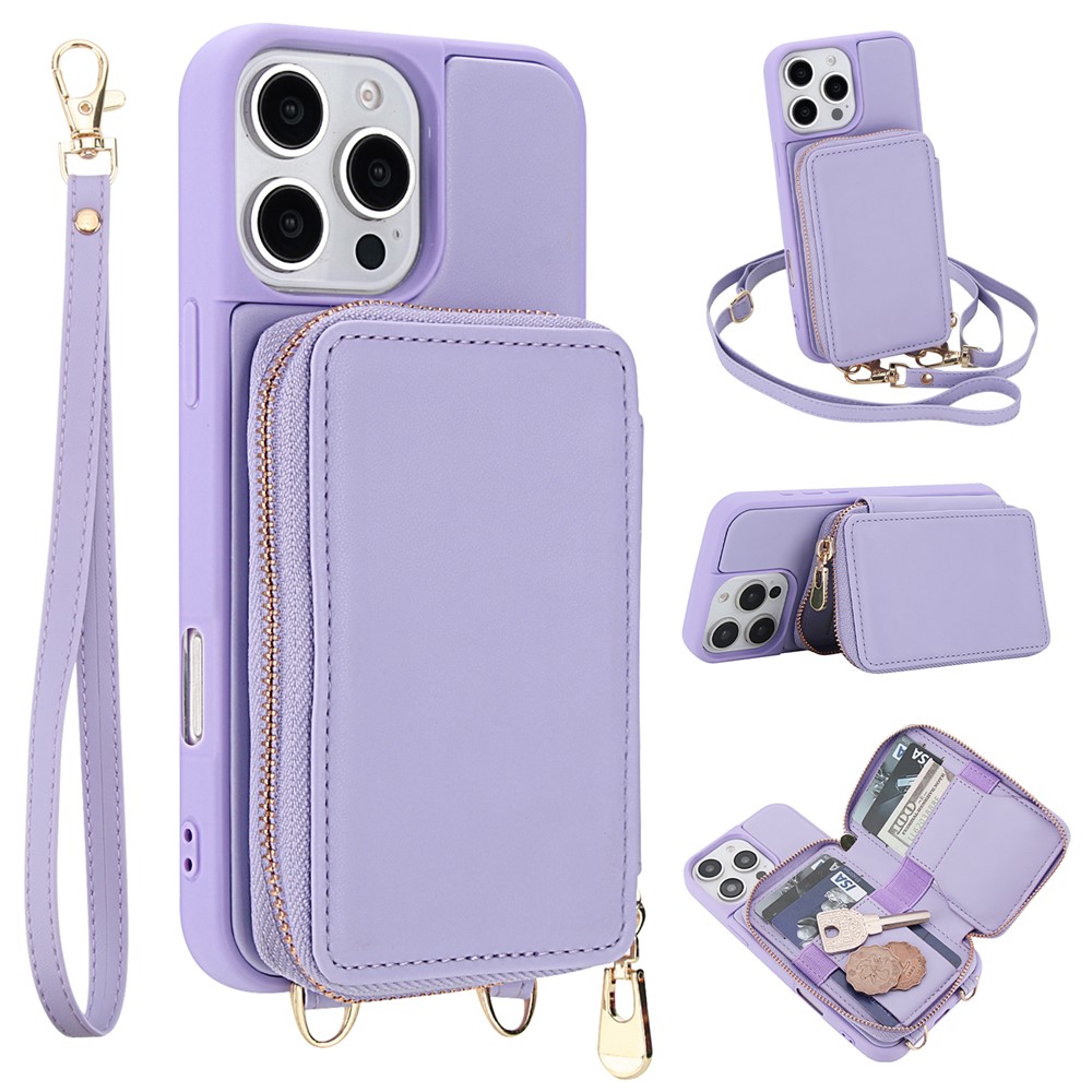 For iPhone 16 Pro Max Case RFID Blocking Zipper Wallet Leather + TPU Phone Cover with Shoulder Strap - Light Purple