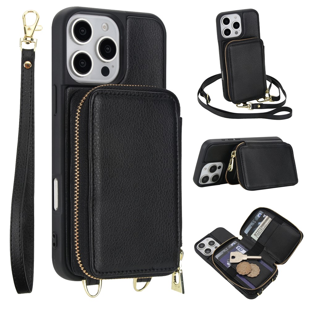For iPhone 16 Pro Case RFID Blocking Zipper Wallet Leather + TPU Phone Cover with Shoulder Strap - Black