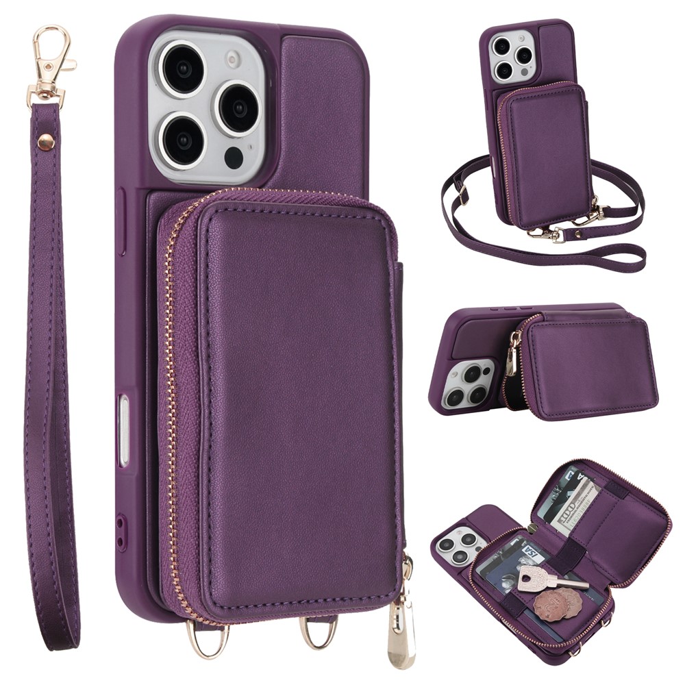 For iPhone 16 Pro Case RFID Blocking Zipper Wallet Leather + TPU Phone Cover with Shoulder Strap - Dark Purple
