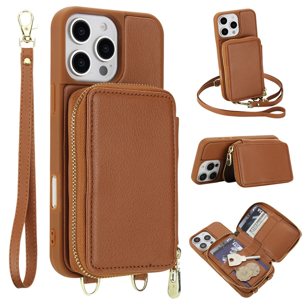 For iPhone 16 Pro Case RFID Blocking Zipper Wallet Leather + TPU Phone Cover with Shoulder Strap - Brown