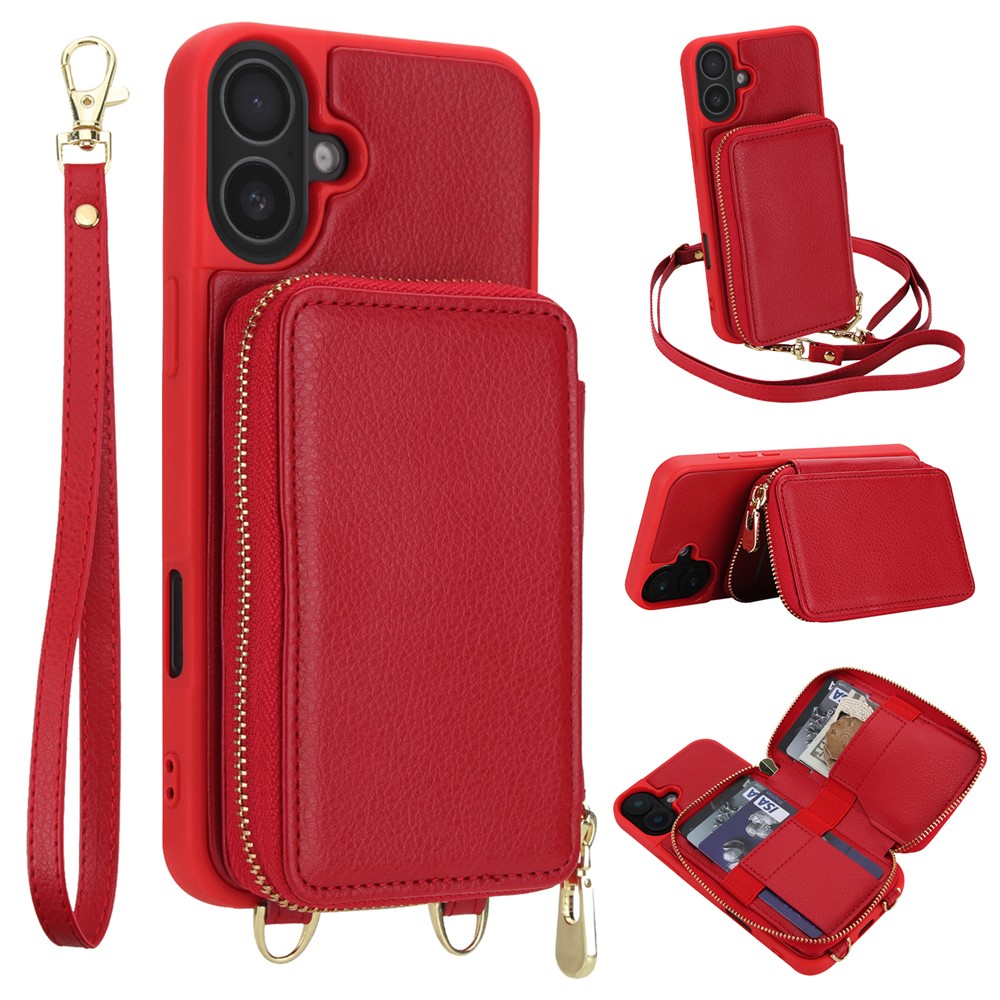 For iPhone 16 Case RFID Blocking Zipper Wallet Leather + TPU Phone Cover with Shoulder Strap - Red