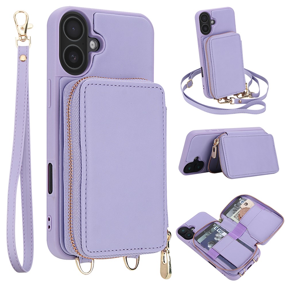 For iPhone 16 Case RFID Blocking Zipper Wallet Leather + TPU Phone Cover with Shoulder Strap - Light Purple