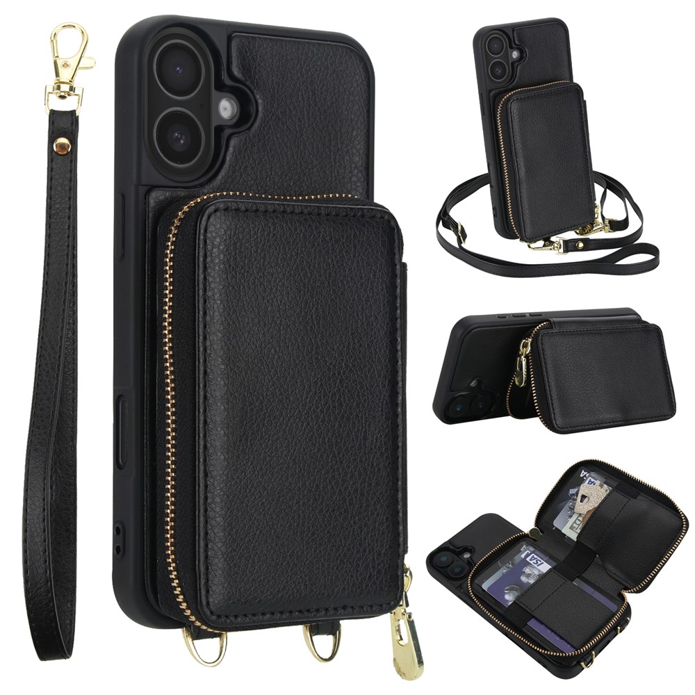 For iPhone 16 Plus Case RFID Blocking Zipper Wallet Leather + TPU Phone Cover with Shoulder Strap - Black