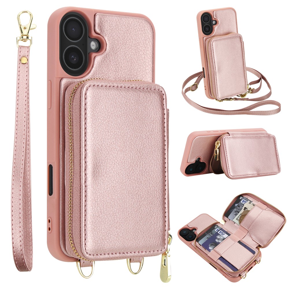 For iPhone 16 Plus Case RFID Blocking Zipper Wallet Leather + TPU Phone Cover with Shoulder Strap - Rose Gold