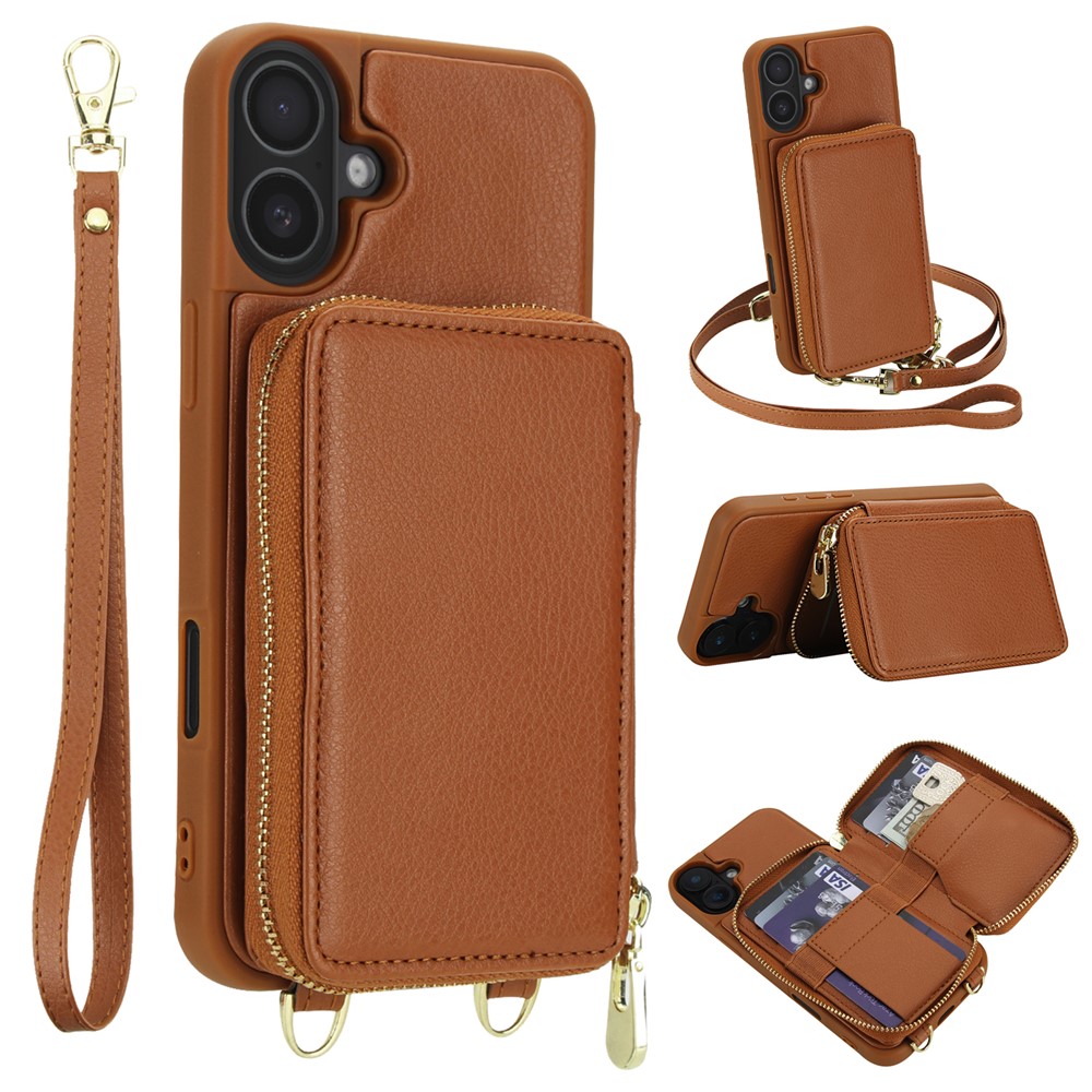 For iPhone 16 Plus Case RFID Blocking Zipper Wallet Leather + TPU Phone Cover with Shoulder Strap - Brown