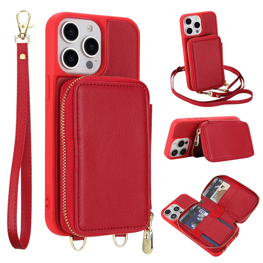 For iPhone 15 Pro Max Case RFID Blocking Zipper Wallet Leather + TPU Phone Cover with Shoulder Strap - Red