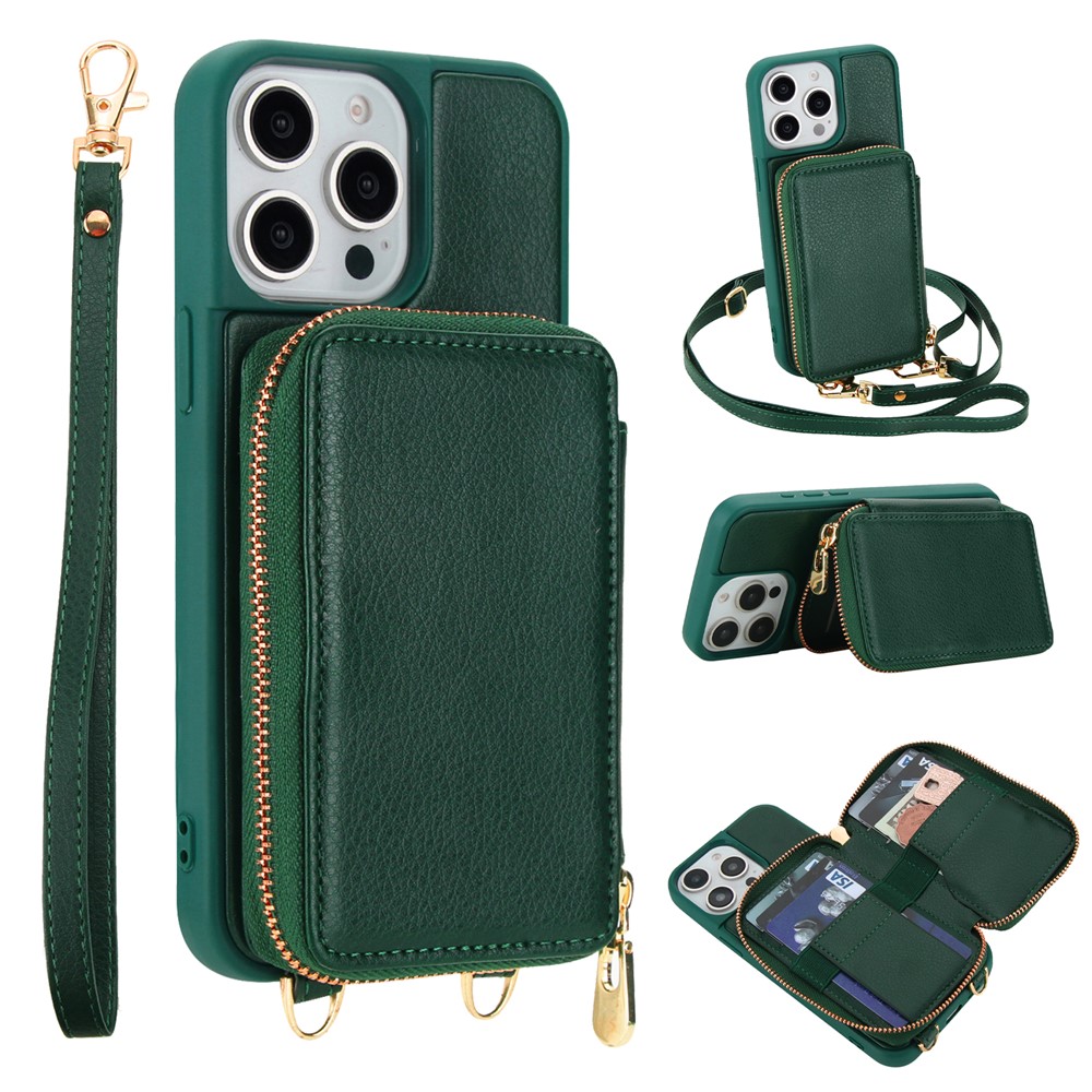 For iPhone 15 Pro Max Case RFID Blocking Zipper Wallet Leather + TPU Phone Cover with Shoulder Strap - Green