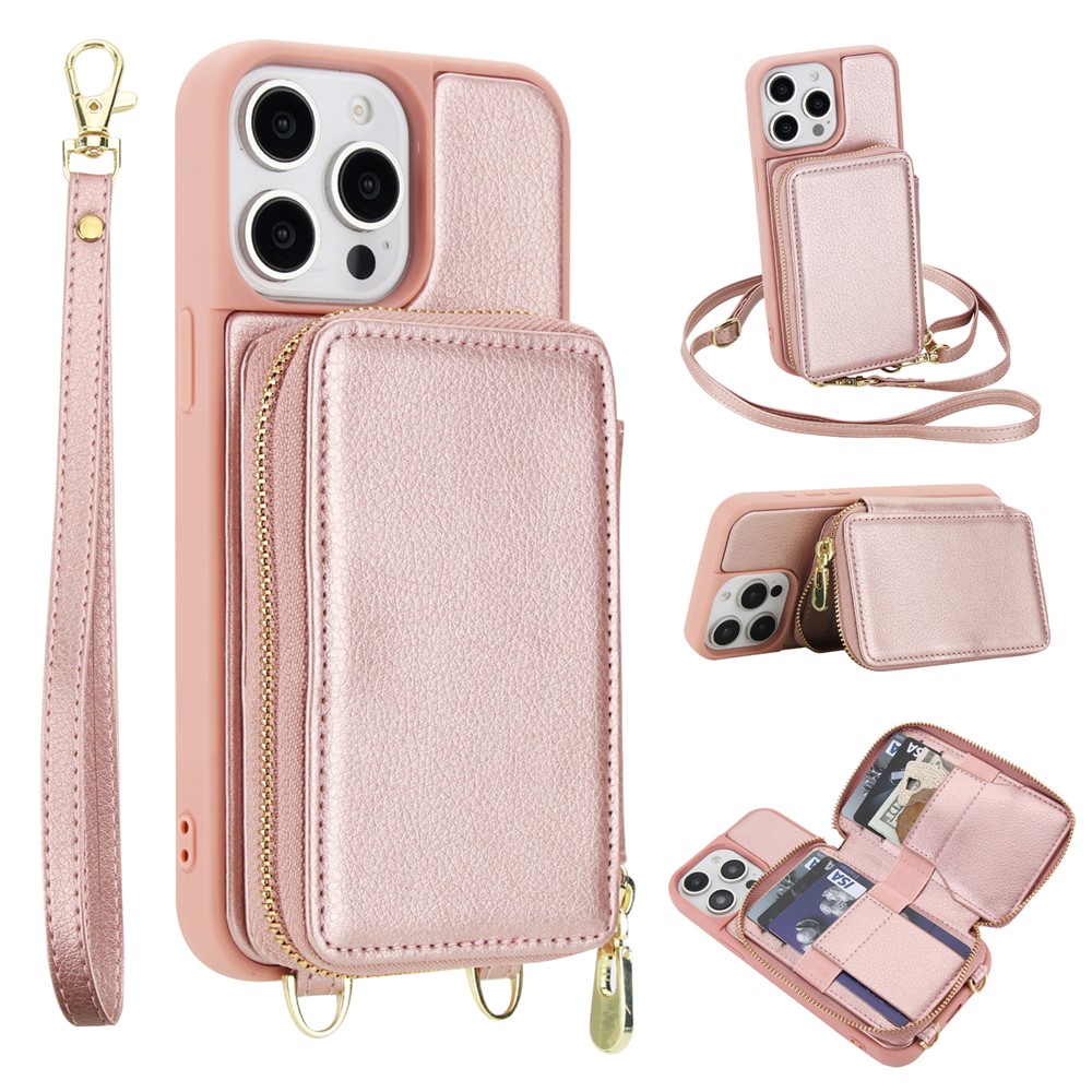 For iPhone 15 Pro Max Case RFID Blocking Zipper Wallet Leather + TPU Phone Cover with Shoulder Strap - Rose Gold