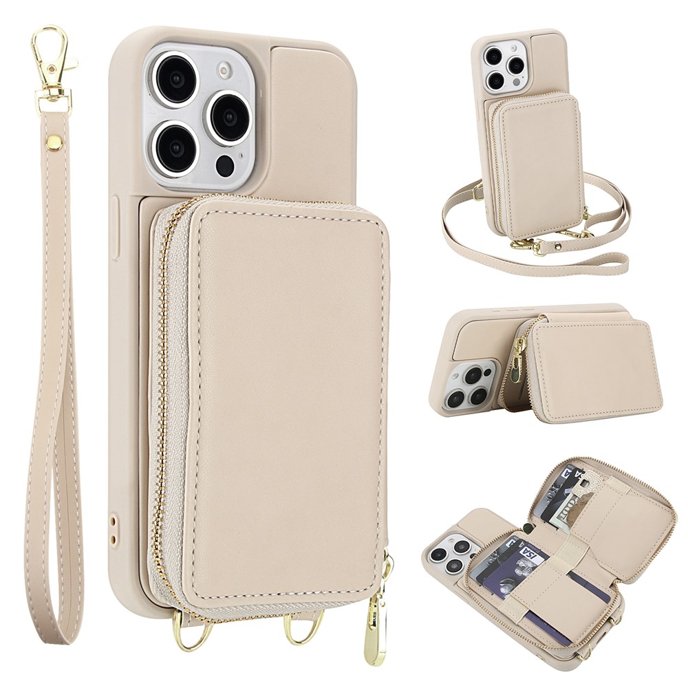 For iPhone 15 Pro Case RFID Blocking Zipper Wallet Leather + TPU Phone Cover with Shoulder Strap - Apricot