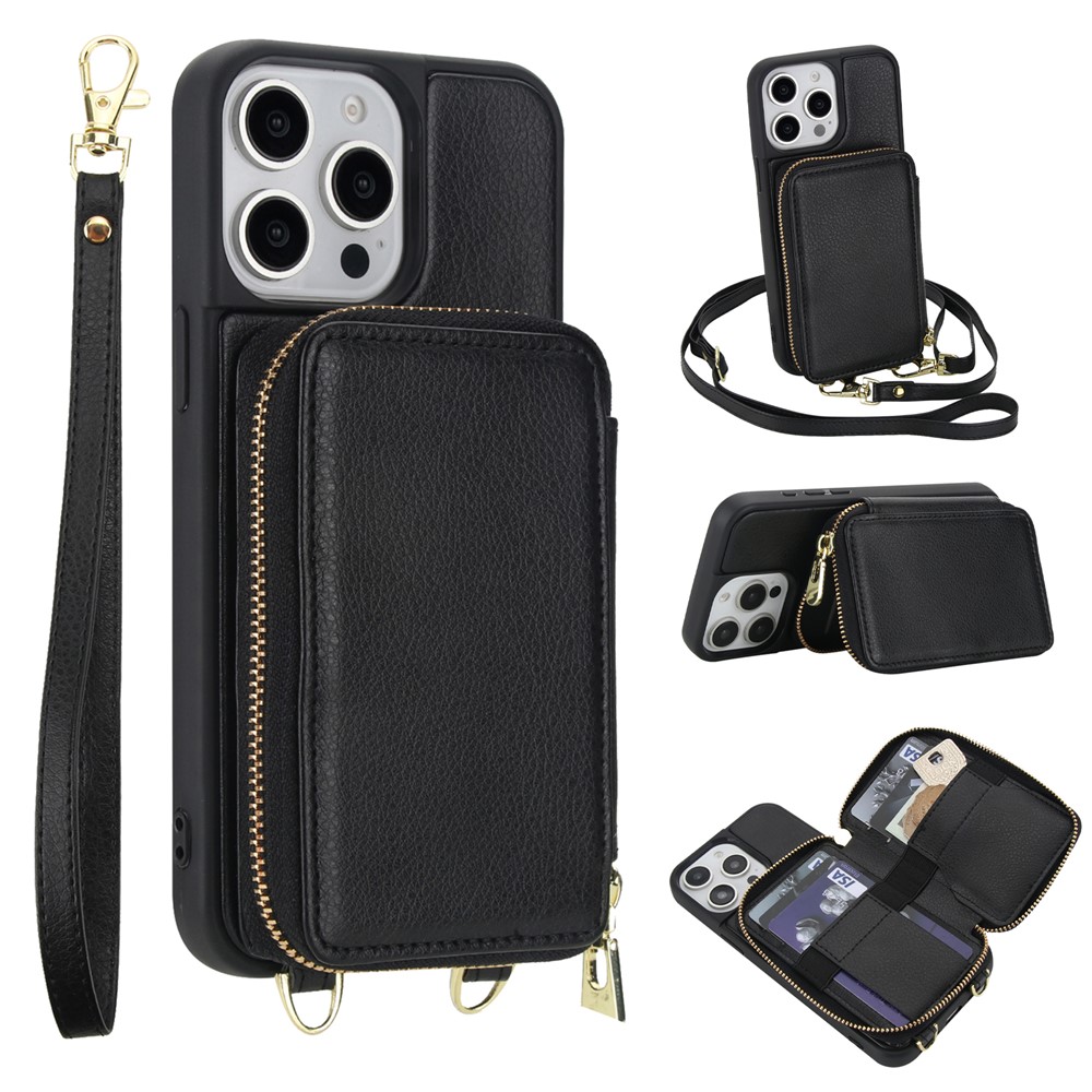 For iPhone 15 Pro Case RFID Blocking Zipper Wallet Leather + TPU Phone Cover with Shoulder Strap - Black