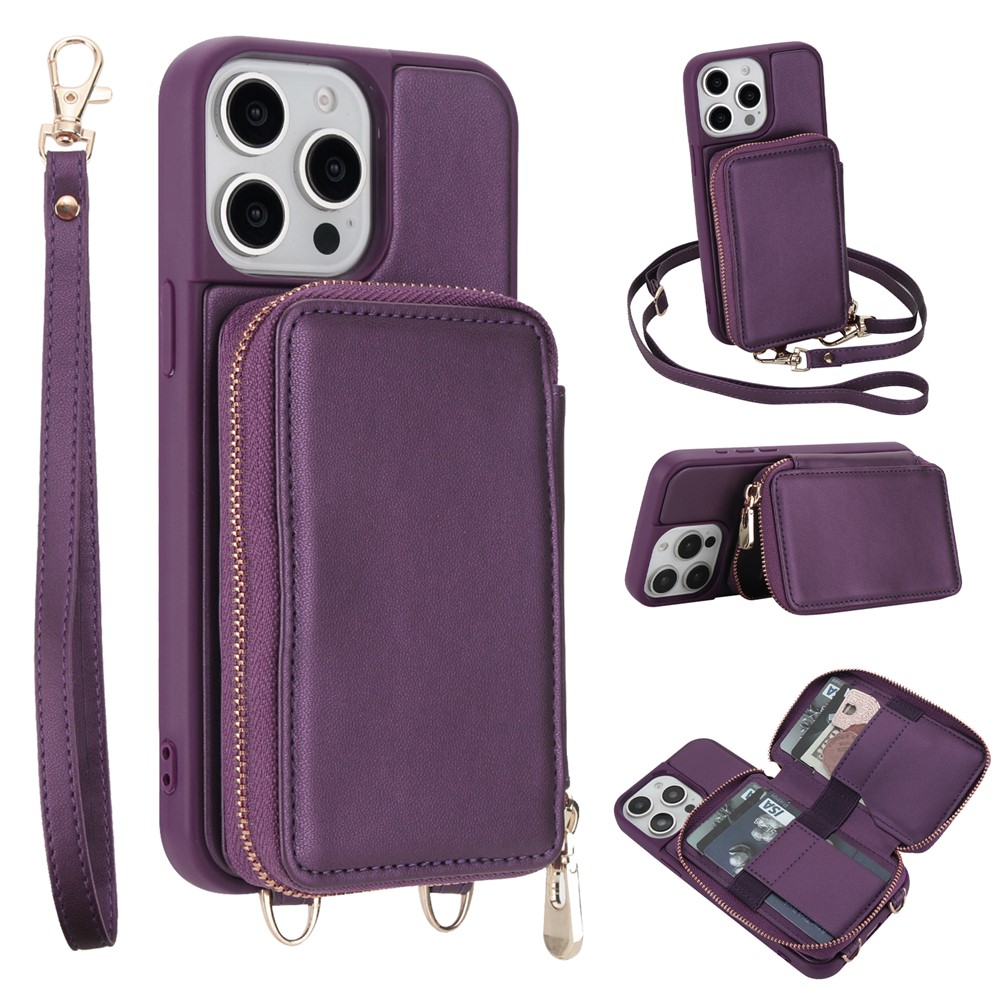 For iPhone 15 Pro Case RFID Blocking Zipper Wallet Leather + TPU Phone Cover with Shoulder Strap - Dark Purple