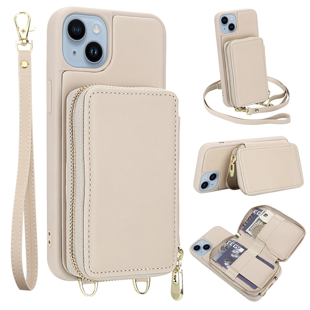 For iPhone 15 Plus / 14 Plus Case RFID Blocking Zipper Wallet Leather + TPU Phone Cover with Shoulder Strap - Apricot