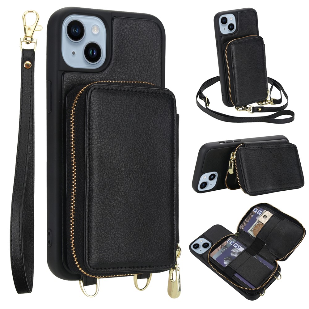 For iPhone 15 Plus / 14 Plus Case RFID Blocking Zipper Wallet Leather + TPU Phone Cover with Shoulder Strap - Black