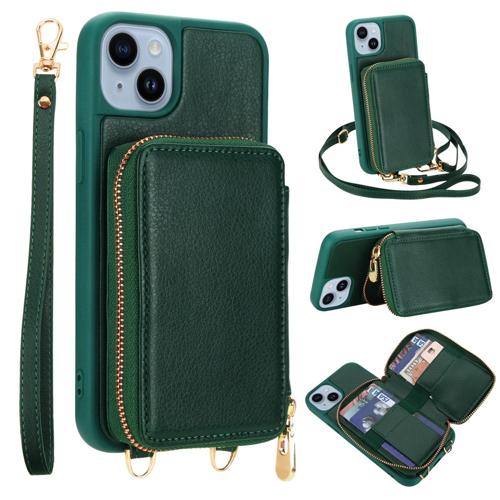 For iPhone 15 Plus / 14 Plus Case RFID Blocking Zipper Wallet Leather + TPU Phone Cover with Shoulder Strap - Green