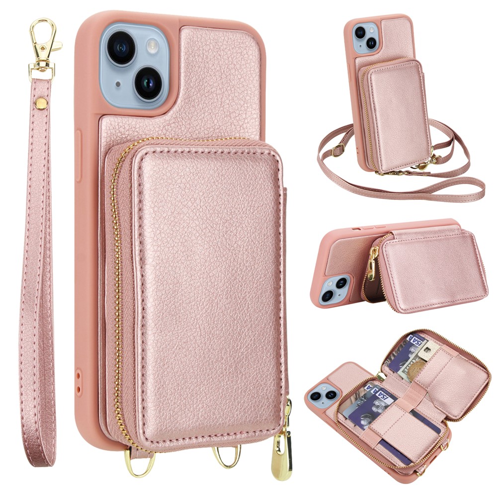 For iPhone 15 Plus / 14 Plus Case RFID Blocking Zipper Wallet Leather + TPU Phone Cover with Shoulder Strap - Rose Gold
