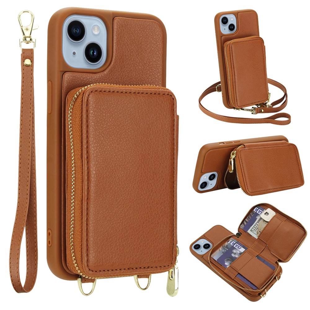 For iPhone 15 Plus / 14 Plus Case RFID Blocking Zipper Wallet Leather + TPU Phone Cover with Shoulder Strap - Brown