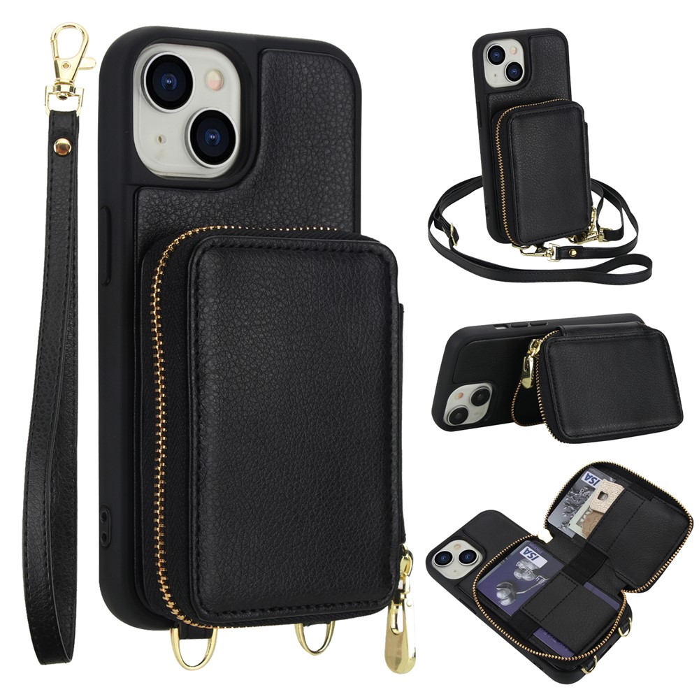 For iPhone 15 Case RFID Blocking Zipper Wallet Leather + TPU Phone Cover with Shoulder Strap - Black