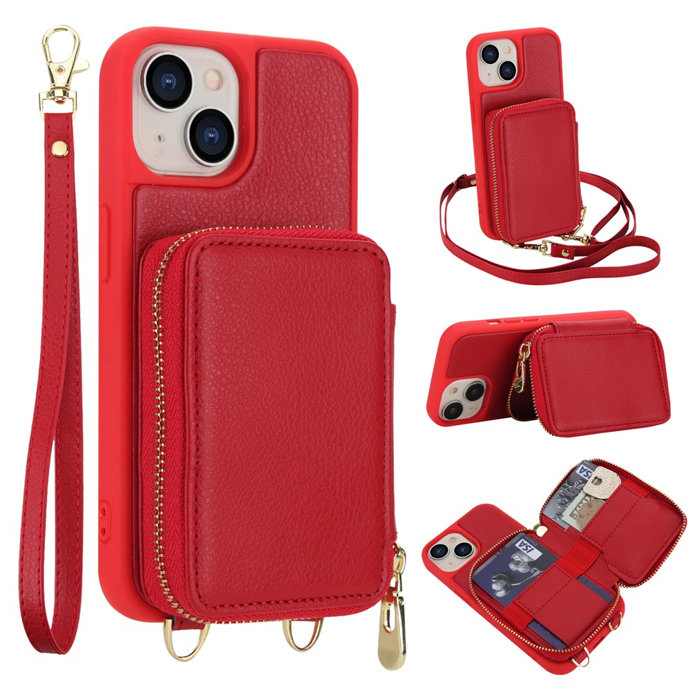 For iPhone 15 Case RFID Blocking Zipper Wallet Leather + TPU Phone Cover with Shoulder Strap - Red