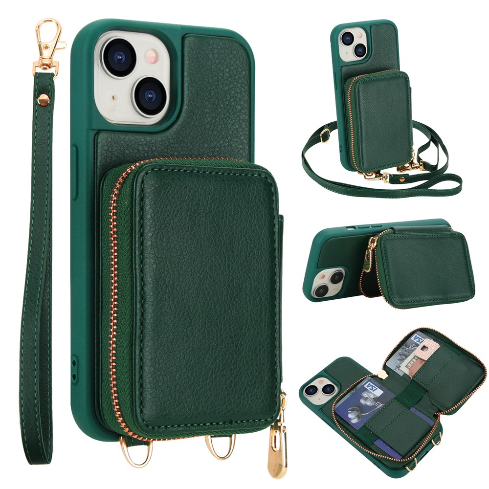 For iPhone 15 Case RFID Blocking Zipper Wallet Leather + TPU Phone Cover with Shoulder Strap - Green