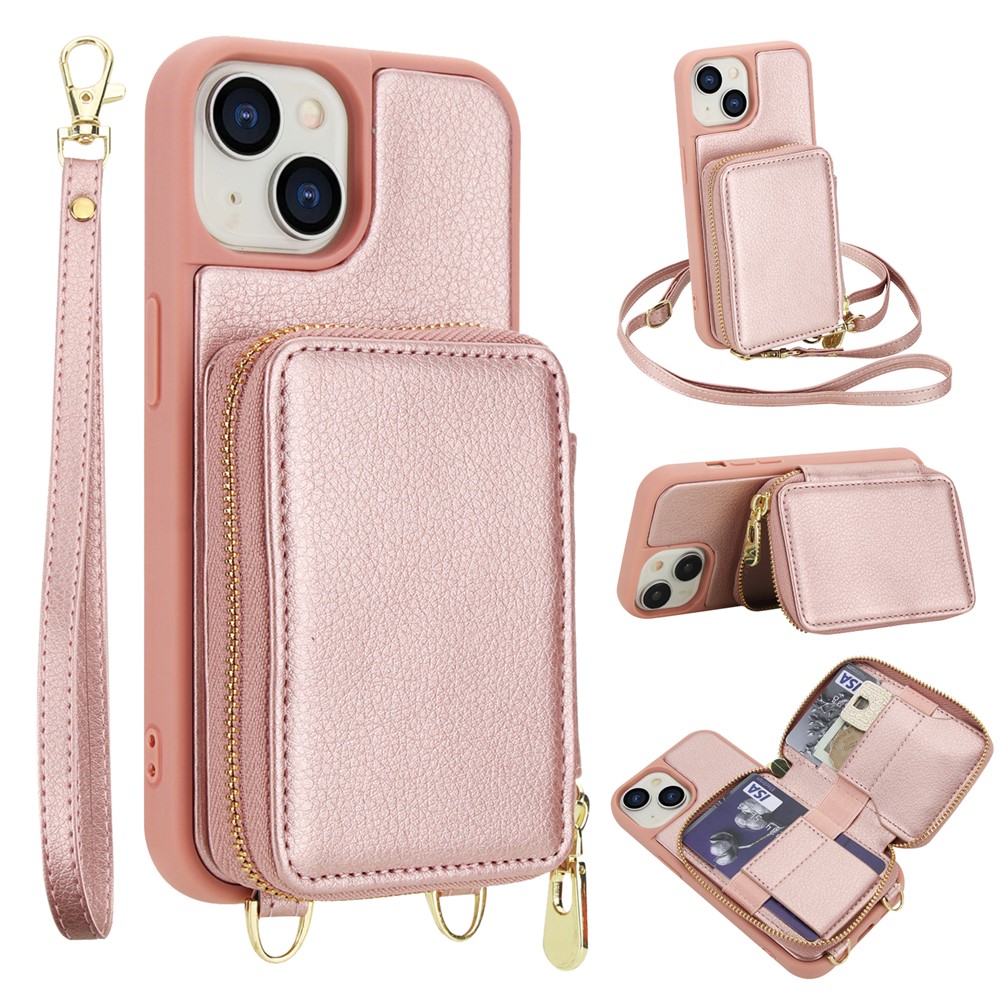 For iPhone 15 Case RFID Blocking Zipper Wallet Leather + TPU Phone Cover with Shoulder Strap - Rose Gold