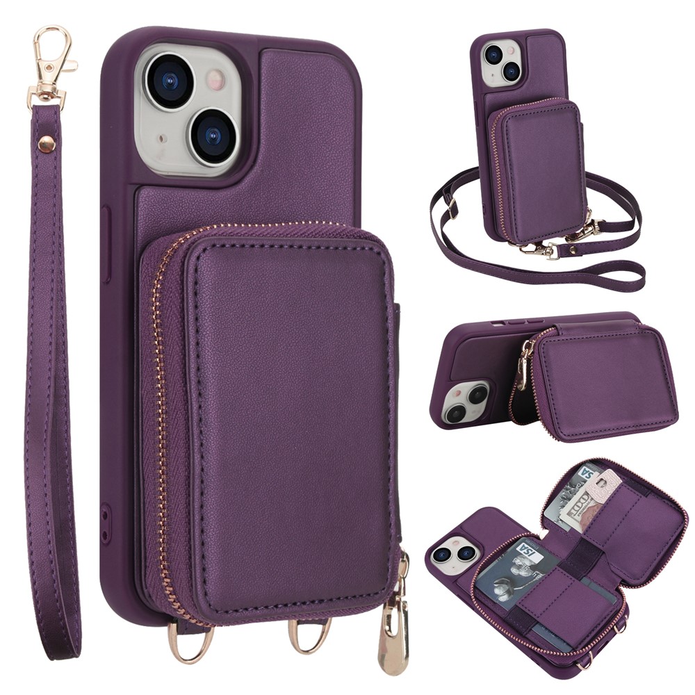 For iPhone 15 Case RFID Blocking Zipper Wallet Leather + TPU Phone Cover with Shoulder Strap - Dark Purple